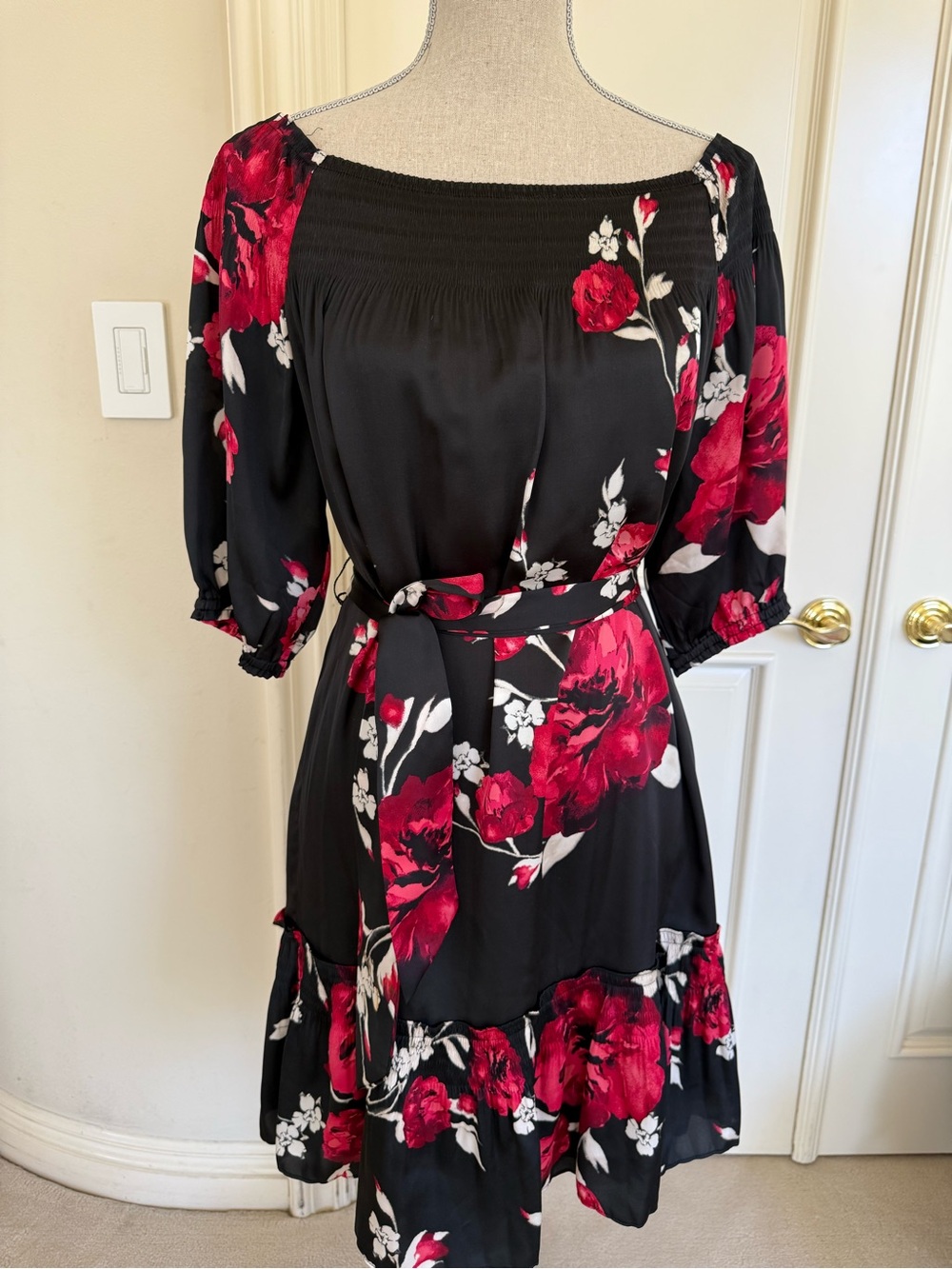 White House Black Market Black Midi Dress with Red Floral Print and Belt